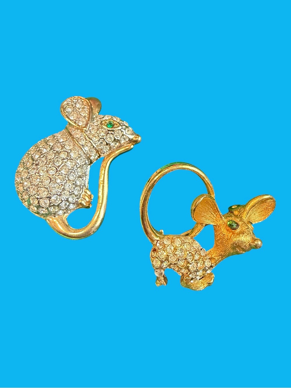 Vintage Mouse Brooch Pin Lot of 2 Mice Rhinestones Gold Tone Adorable!